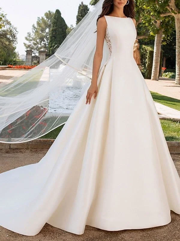 Ivory Wedding Dresses A Line With Chapel Train Sleeveless Lace High Collar Bridal Gowns