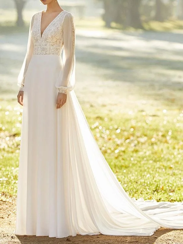 Ivory Wedding Dresses With Court Train A Line Long Sleeves Lace V Neck Bridal Gowns