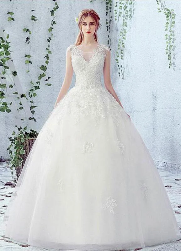 Lace Wedding Dress Scoop Neck Sleeveless Satin Net Lace Up Bridal Dress With Beads