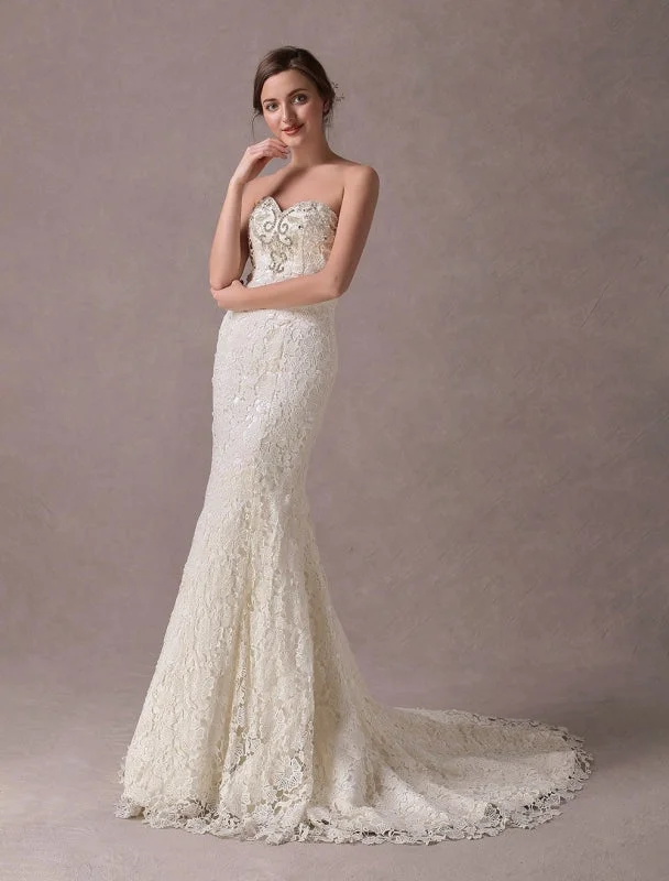 Mermaid Wedding Dresses Lace Strapless Ivory Sweetheart Beaded Bridal Dress With Train Exclusive