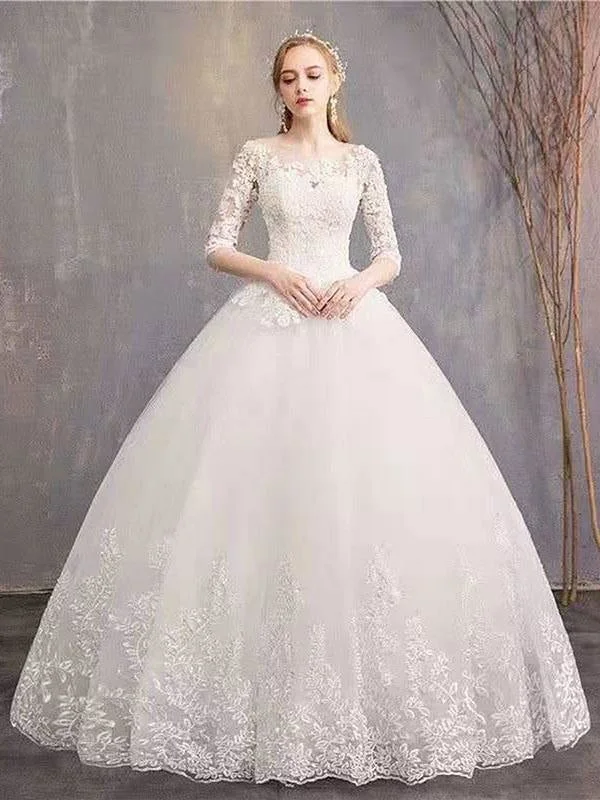 New Cheap Wedding Dresses Eric White Jewel Neck Half-Sleeve Soft Tulle Lace Up Floor Length Bride Dresses