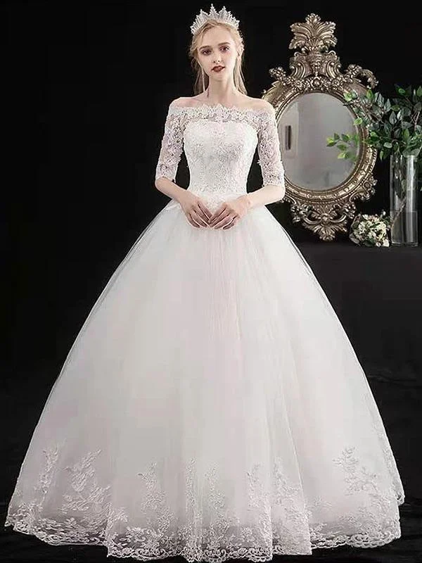 New Cheap Wedding Dresses Eric White Off The Shoulder Half Sleeves Ball Gown Soft Tulle Lace Up Floor Length Bride Dresses