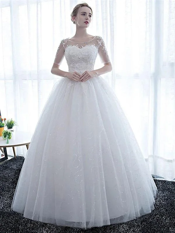 New Cheap Wedding Dresses Eric White Off The Shoulder Short Sleeves Soft Tulle Lace Up Floor Length Bride Dresses