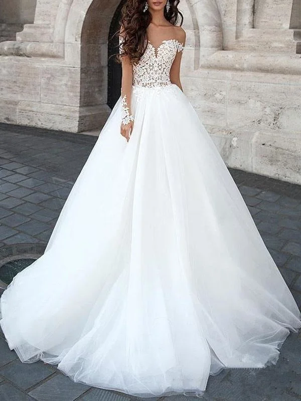 Princess Wedding Dress 2021 Ball Gown Sweetheart Neck Long Sleeves Backless Lace Tulle Bridal Dresses With Court Train