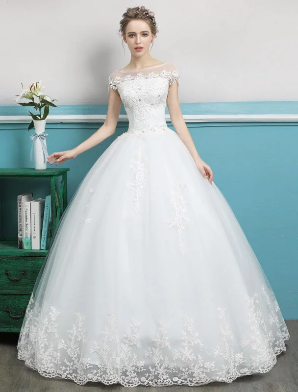 Princess Wedding Dresses Ball Gowns Lace Beaded Ivory Floor Length Bridal Dress