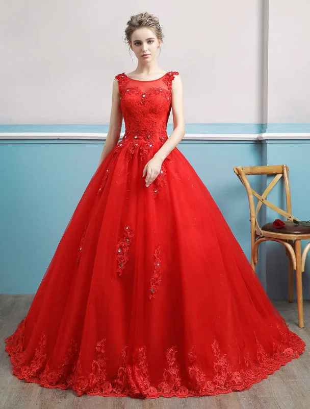 Red Wedding Dresses Lace Applique Beaded Princess Ball Gowns Train Bridal Dress