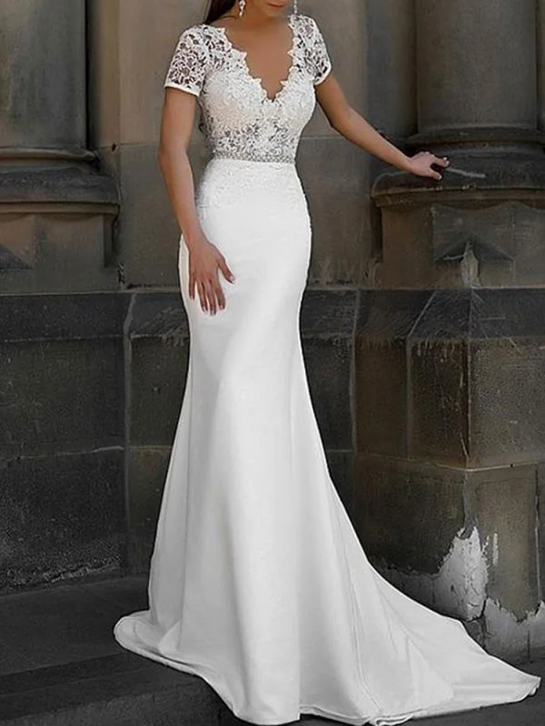 Simple Wedding Dress Mermaid Lace V Neck Short Sleeves Beaded Sash Bridal Dresses With Train