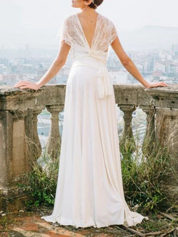 Simple Wedding Dress Sheath V Neck Sleeveless Pleated Floor Length With Train Lace Bridal Dresses