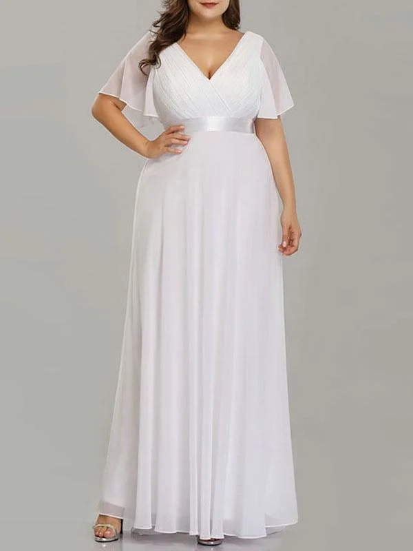 Simple Wedding Dress V Neck Short Sleeves A Line Floor Length Chiffon Sash Plus Size Bridal Gowns With Sweep Train