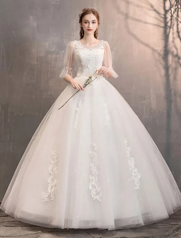 Tulle Wedding Dress Ivory Lace Applique Flower Detail Half Sleeve Princess Bridal Gown