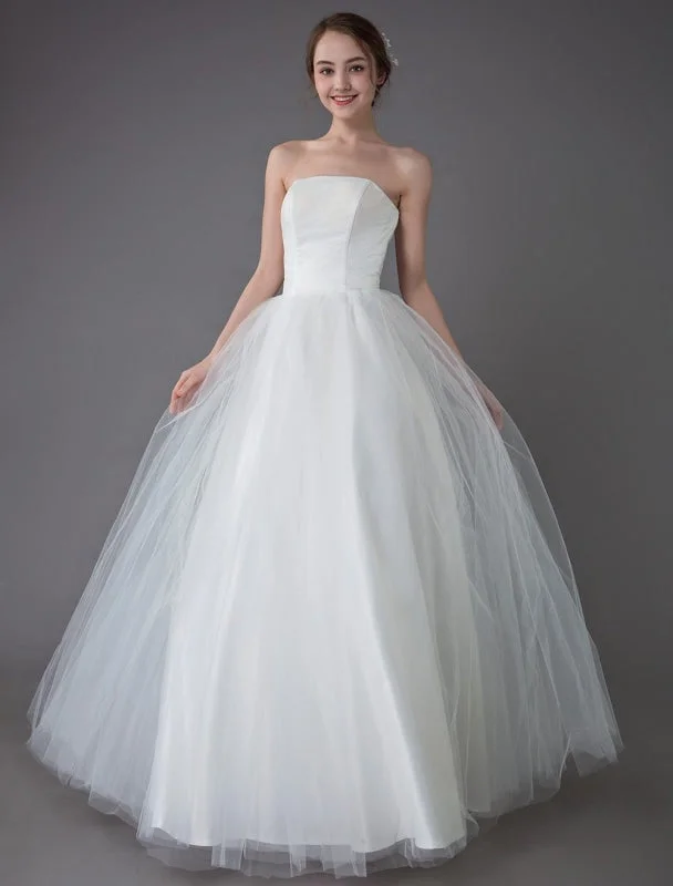 Tulle Wedding Dress Ivory Strapless Sleeveless Princess Dress Ball Gown Floor Length Bridal Dress Exclusive