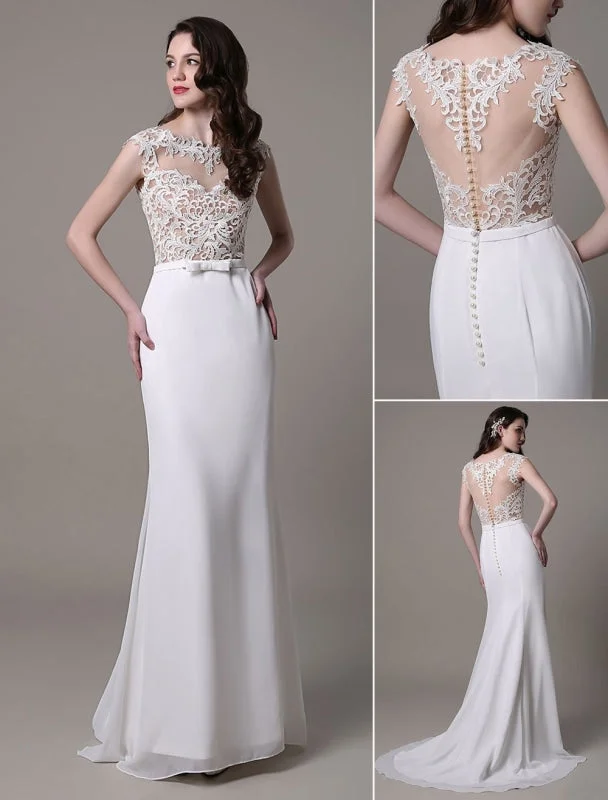 Vintage Wedding Dress Lace And Chiffon Sheath With Stunning Bateau Illusion Neckline And Illusion Back Exclusive