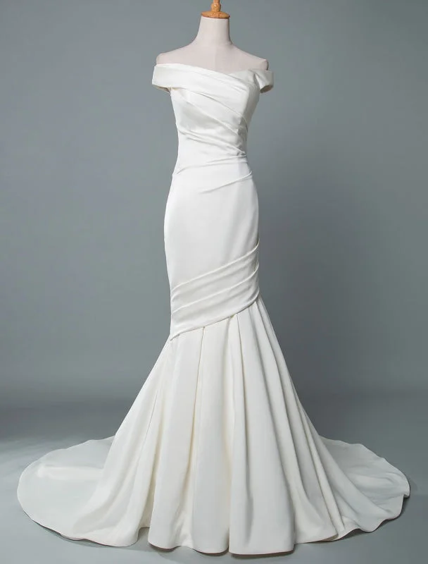 Vintage Wedding Dress Mermaid Off The Shoulder Sleeveless Pleated Satin Fabric With Train Traditional Dresses For Bride