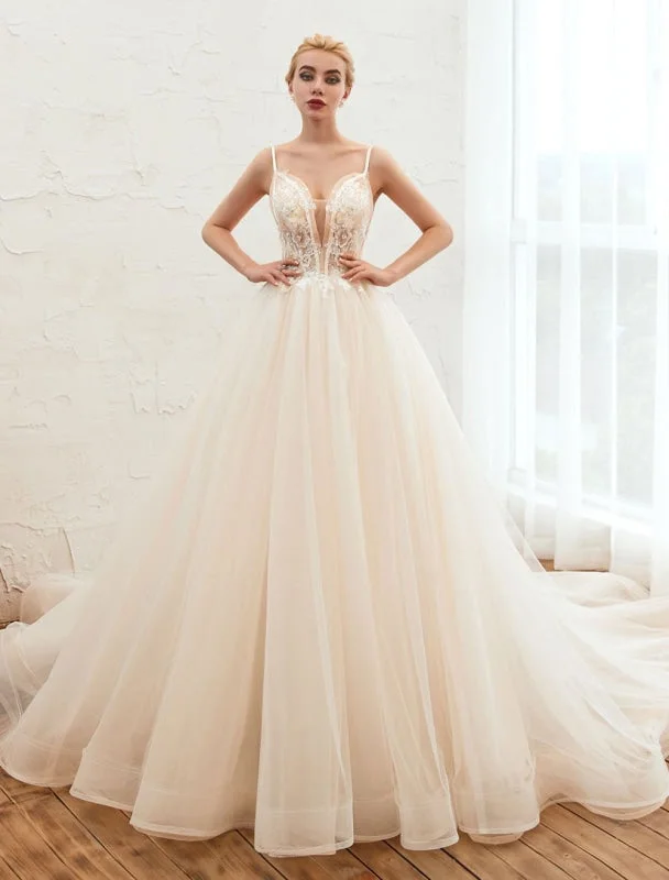 Wedding Dress 2021 A Line V Neck Sleeveless Natural Waist With Train Tulle Bridal Gowns