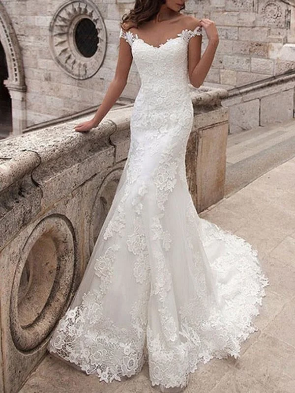 Wedding Dresses Off The Shoulder Short Sleeves Lace Mermaid Bridal Dresses With Train