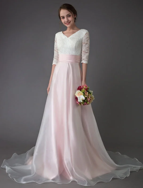 Wedding Dresses Pink V Neck Half Sleeve Pleated A Line Bridal Gown With Train Exclusive