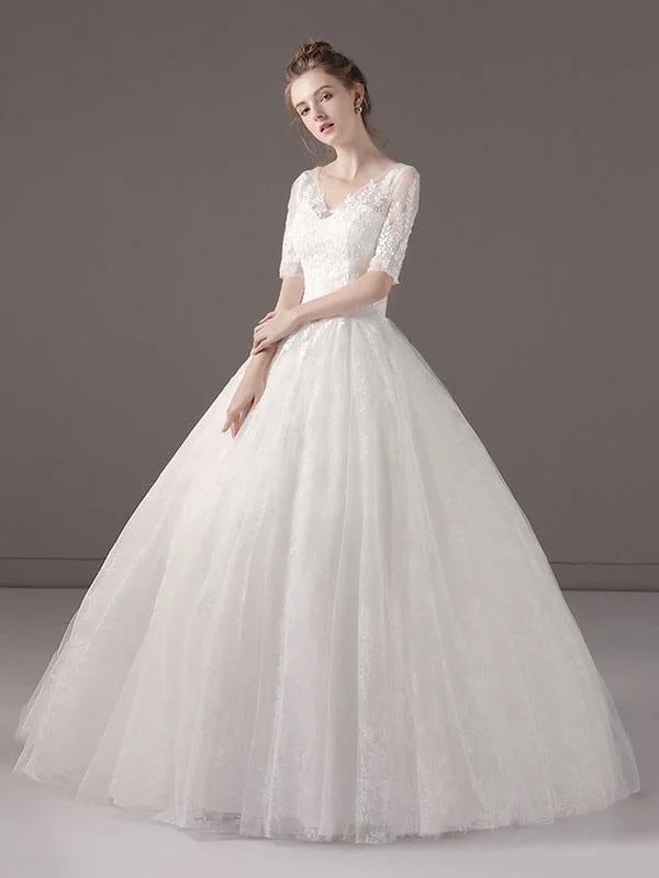 Wedding Dresses Princess Ball Gown Ivory Half Sleeve V Neck Lace Beaded Floor Length Bridal Dress