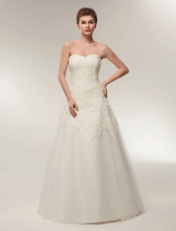 Wedding Dresses Strapless Lace Maxi Bridal Dress Sweetheart Neckline Floor Length Ivory Wedding Gowns