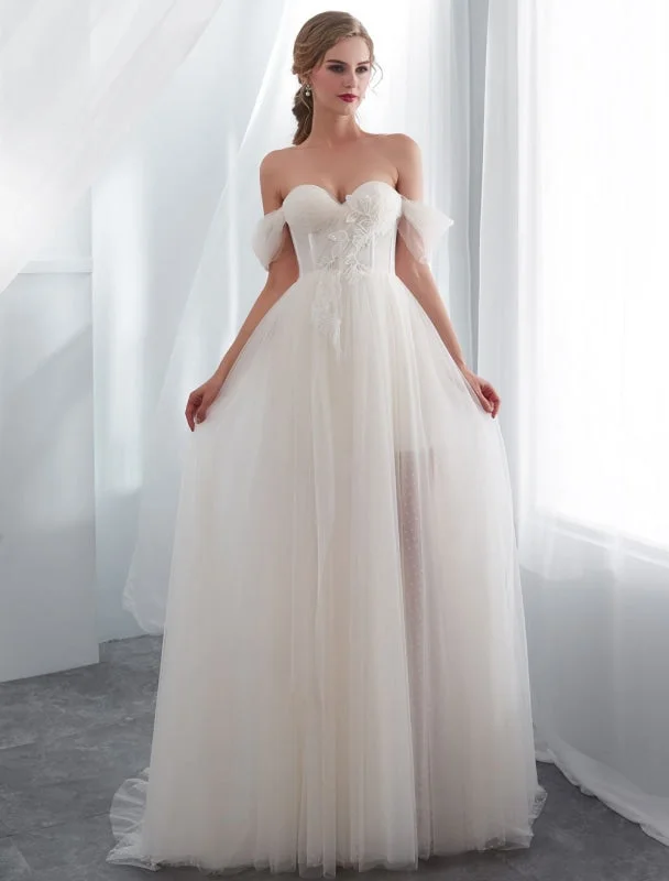 Wedding Dresses Tulle Ivory Off The Shoulder Sweetheart Beach Bridal Dress With Train