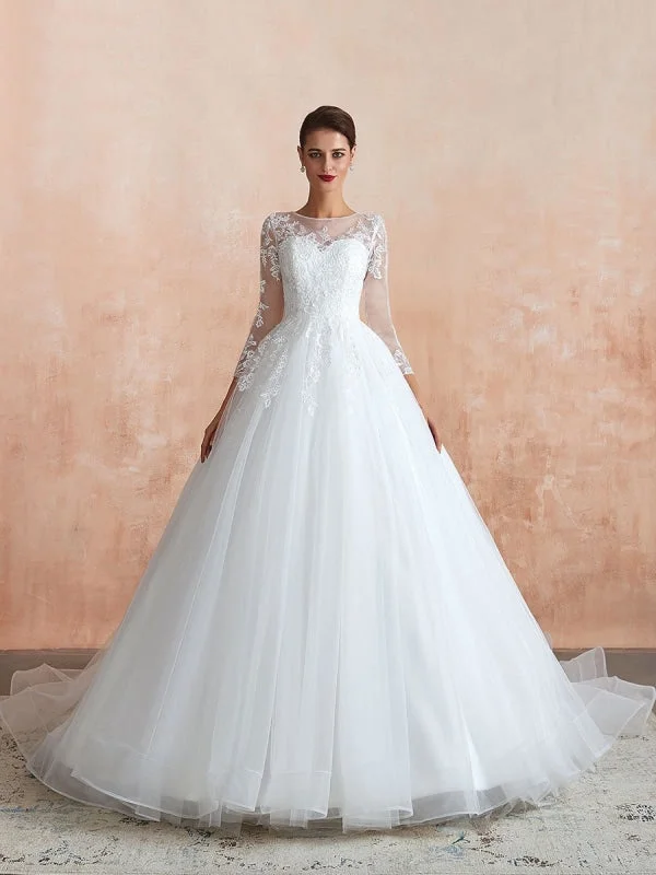 Wedding Gown 2021 3/4 Sleeve Jewel Neck Lace Appliqued Beaded Ball Gown Bridal Wedding Dress With Train