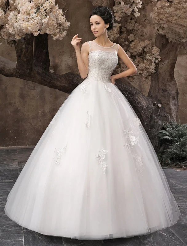 White Ball Gown Jewel Neck Beading Floor-Length Bridal Wedding Dress