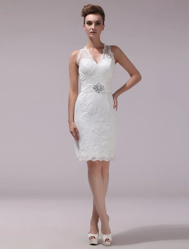 White Sheath Rhinestone Knee-Length Lace Wedding Reception Dress With V-Neck Exclusive