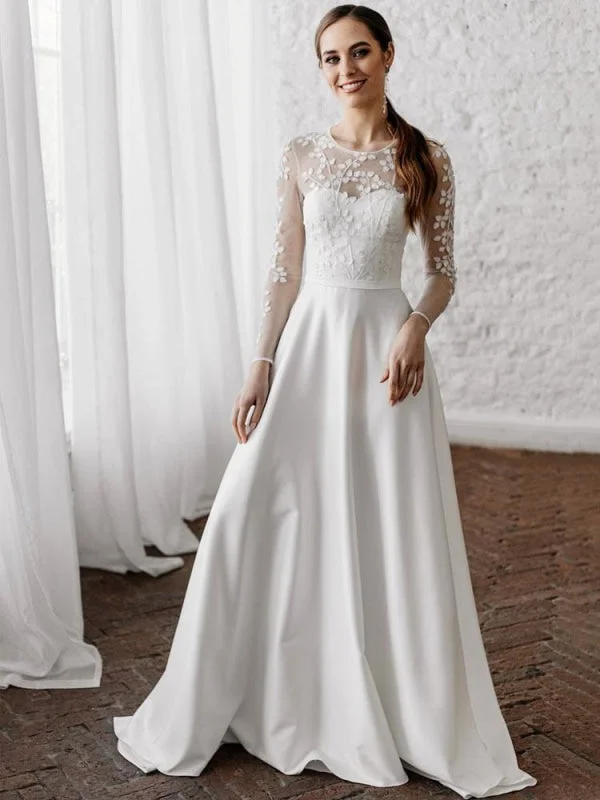 White Simple Wedding Dress A-Line Illusion Neckline Long Sleeves Pearls Trainsatin Fabric Lace Bridal Gowns