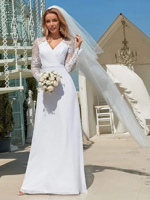 White Simple Wedding Dress Lace V-Neck Long Sleeves Lace Chiffon Pleated A-Line Long Bridal Gowns