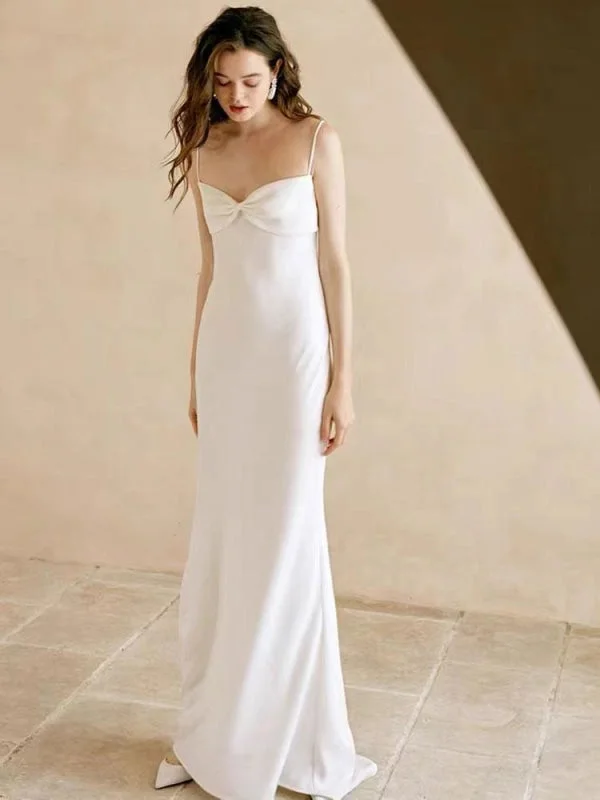 White Simple Wedding Dress Polyester Designed Neckline Spaghetti Straps Bows Polyester Sheath Floor-Length Bridal Dresses