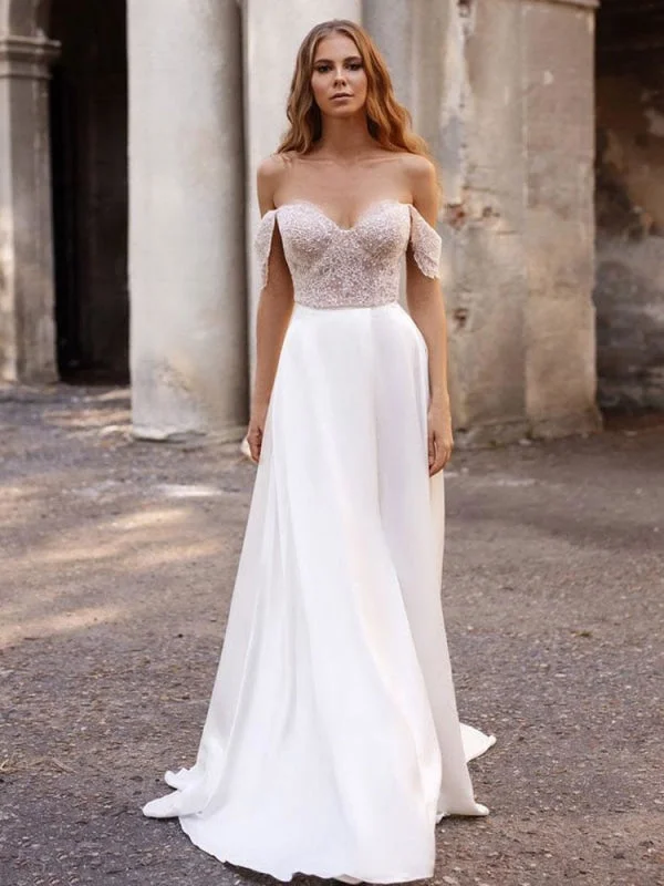 White Simple Wedding Dress Satin Fabric Strapless Sleeveless Cut Out A-Line Off The Shoulder Long Bridal Dresses