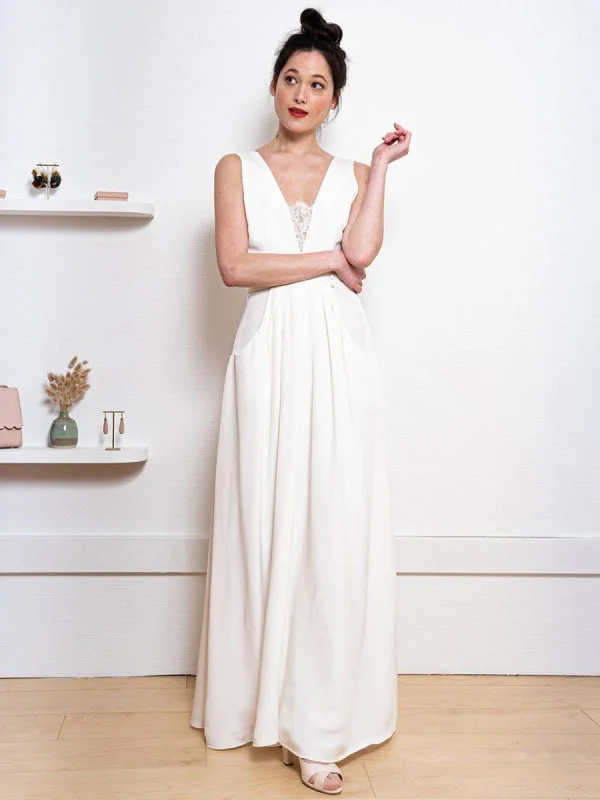 White Simple Wedding Dress Satin Fabric V-Neck Sleeveless Buttons A-Line Long Bridal Dresses