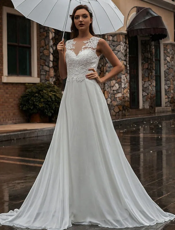 White Wedding Dress Illusion Neckline Sleeveless Applique Chiffon Floor Length Bridal Gowns Train Dress