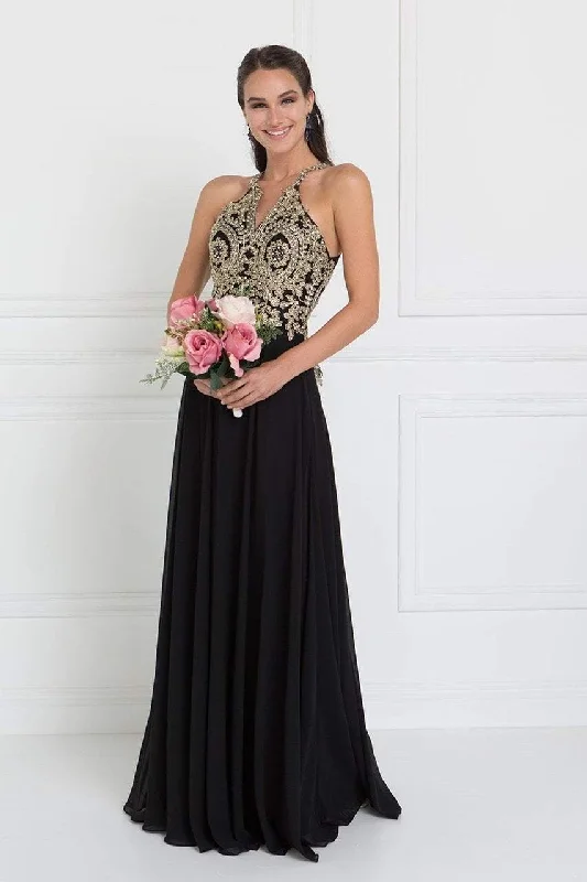 Elizabeth K - GL1526 Lace Embellished High Neck Chiffon Gown