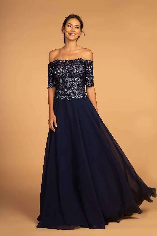 Elizabeth K - GL2525 Embroidered Off-Shoulder Chiffon A-line Dress