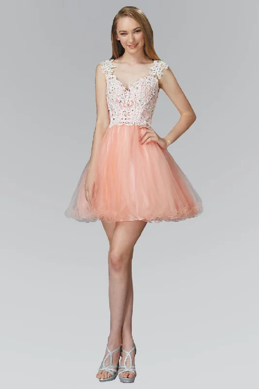 Elizabeth K - GS2045 Lace Embellished V-Neck Tulle Dress