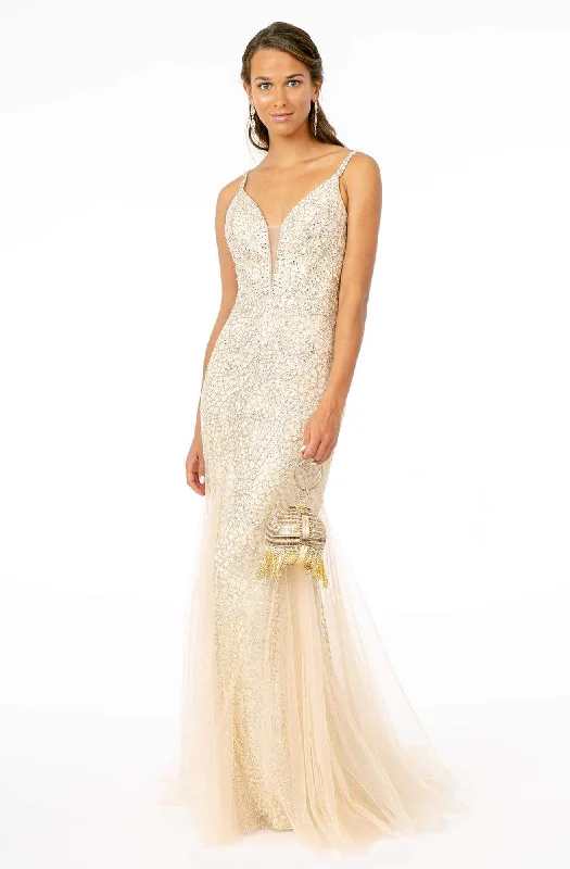 GLS by Gloria - GL1842 Plunging Beaded Metallic Tulle Trumpet Gown