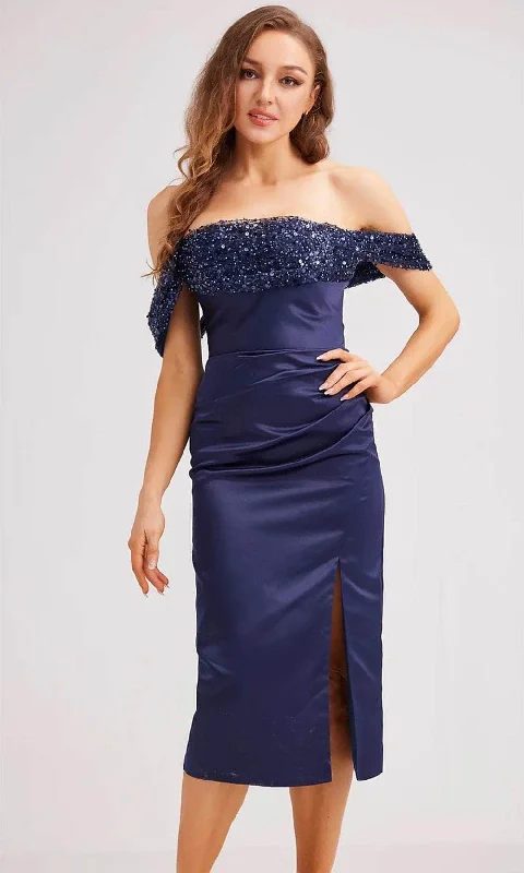 J'Adore Dresses J23061 - Sequin Embellished Off-Shoulder Knee-Length Dress