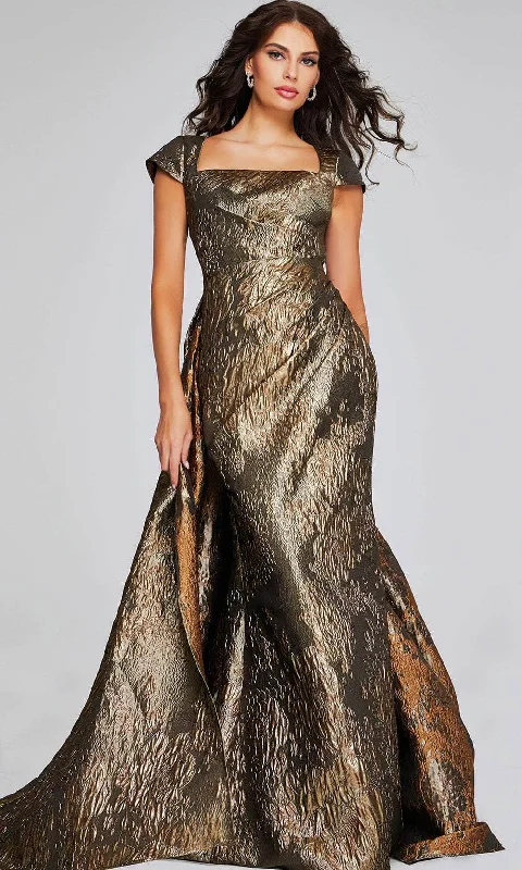 Jovani 40295 - Square Neck Gold Textured Evening Gown