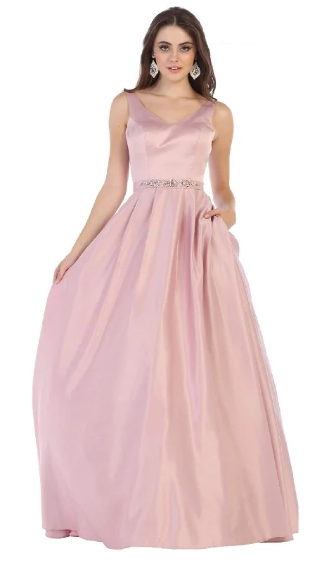 May Queen - MQ1595 Sleek V-Neck Adorned Waist A-Line Gown