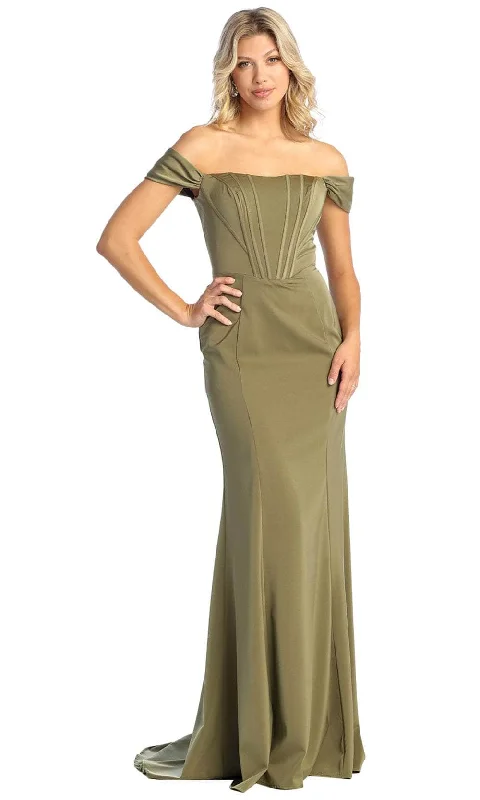 May Queen MQ1909 - Off Shoulder Seamed Prom Gown